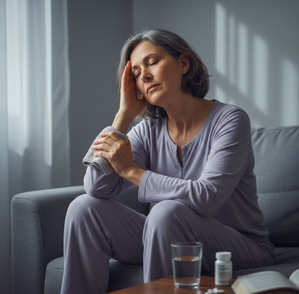 A woman in pajamas sits on a gray sofa, eyes closed and head resting on her hand, appearing tired or unwell. On the table in front of her are a glass of water, a pill bottle, and an open book.