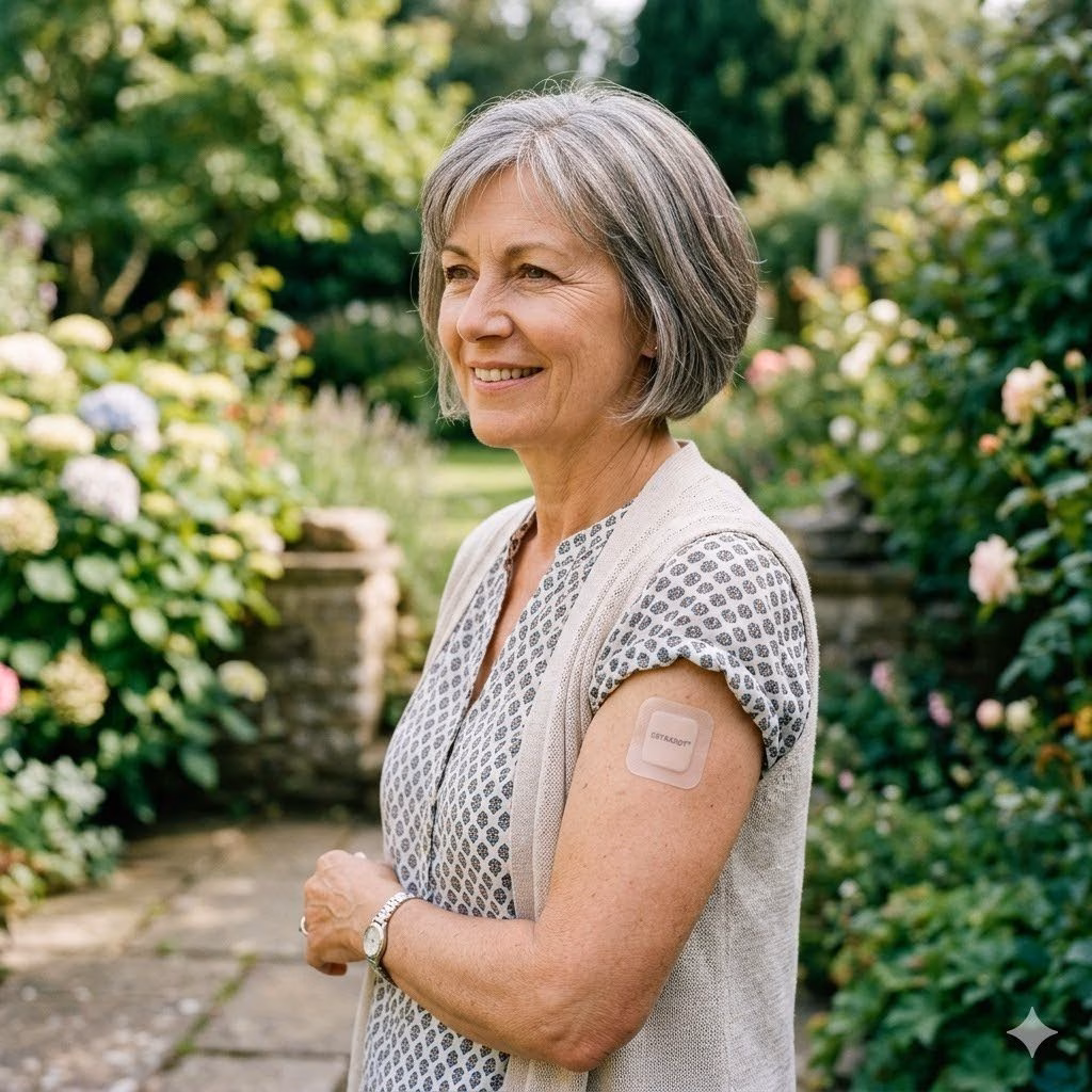 An older woman stands outdoors in a garden, smiling, with a glucose monitor patch attached to her upper arm. She is wearing a patterned short-sleeve blouse and a light cardigan. Lush greenery and flowers are in the background.